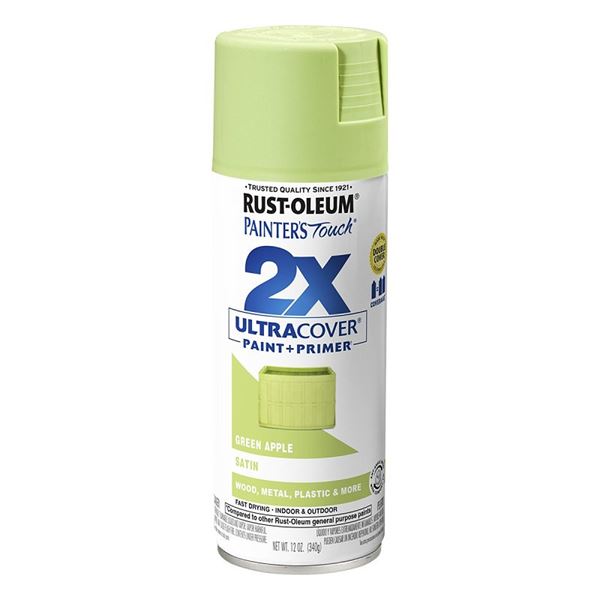 Rust-Oleum Painter's Touch 2X Ultra Cover 334070 Spray Paint, Satin, Green Apple, 12 oz, Aerosol Can