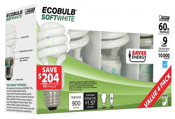 Feit Electric ESL13T/4 Compact Fluorescent Bulb, 13 W, Spiral Lamp, Medium E26 Lamp Base, 900 Lumens, 2700 K Color Temp