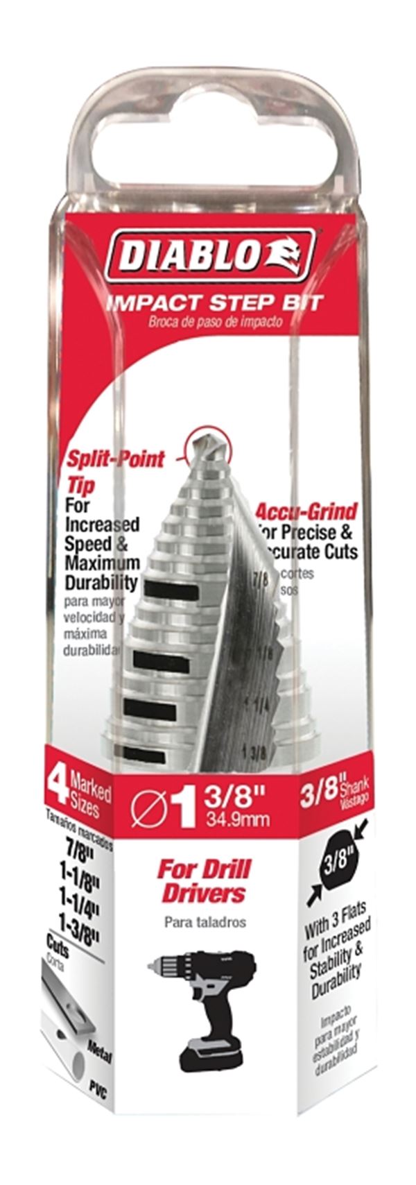 Diablo DSD1375S15 Step Drill Bit, 7/8 to 1-3/8 in Dia, 2-29/32 in OAL, Dual Flute, 3/8 in Dia Shank, Hex Shank