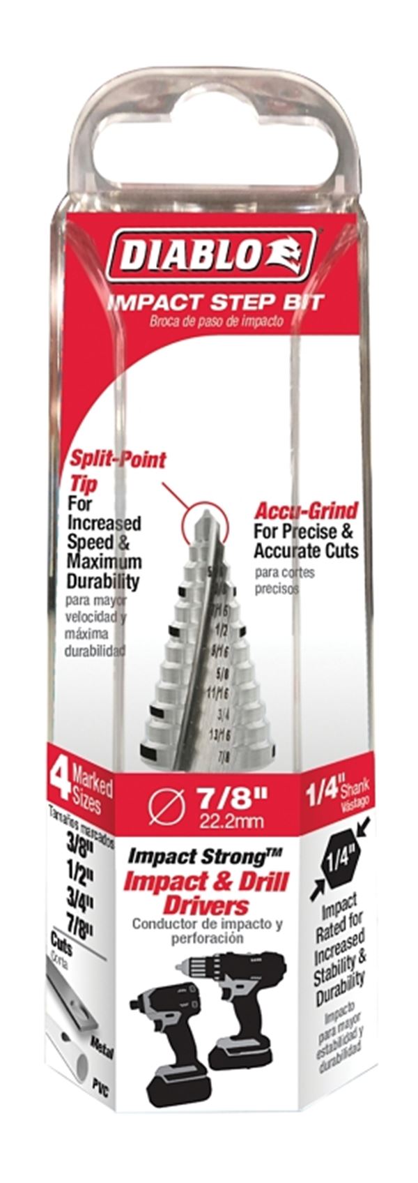 Diablo DSD0875S12 Step Drill Bit, 3/8 to 7/8 in Dia, 2-3/4 in OAL, Dual Flute, 1/4 in Dia Shank, Hex Shank