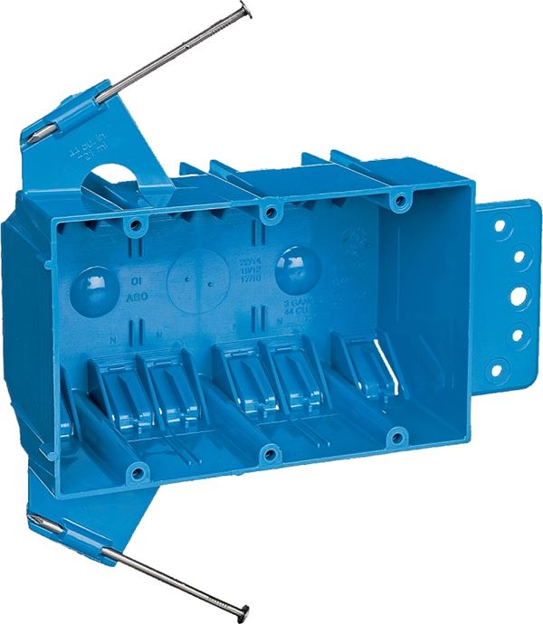 Carlon B344AB-UPC Outlet Box, 3 -Gang, PVC, Blue, Captive Nail, Bracket Mounting