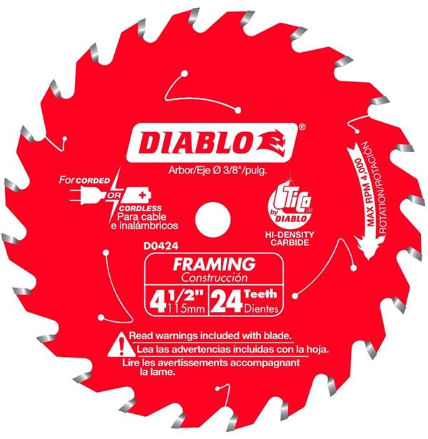 Diablo D0424X Saw Blade, 4-1/2 in Dia, 3/8 in Arbor, 24-Teeth, Applicable Materials: Wood