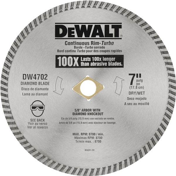 DeWALT DW4702 Circular Blade, 7 in Dia, 5/8 in Arbor, Diamond Cutting Edge, Continuous Rim