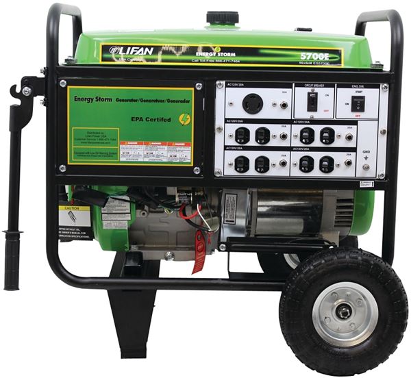 Lifan ES5700E Portable Generator, 42.2 A, 120/240 V, 5700 W Output, Gasoline, 6.5 gal Tank, 10 hr Run Time