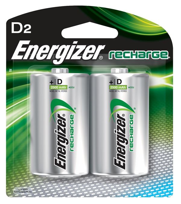 Energizer NH50BP-2 Battery, 1.2 V Battery, 2500 mAh, D Battery, Nickel-Metal Hydride, Rechargeable