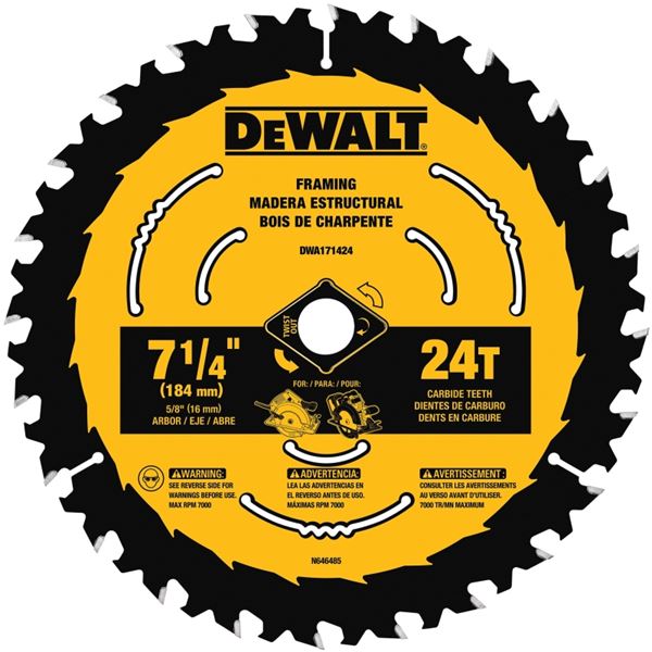 DeWALT DWA171424 Circular Saw Blade, 7-1/4 in Dia, 5/8 in Arbor, 24-Teeth, Applicable Materials: Wood, 1/PK