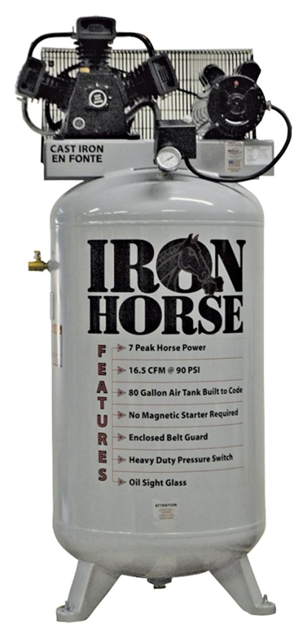 Iron Horse IHD7180V1 Air Compressor, 80 gal Tank, 7 hp, 208/230 V, 90 psi Pressure, 1-Stage, 16.5 cfm Air