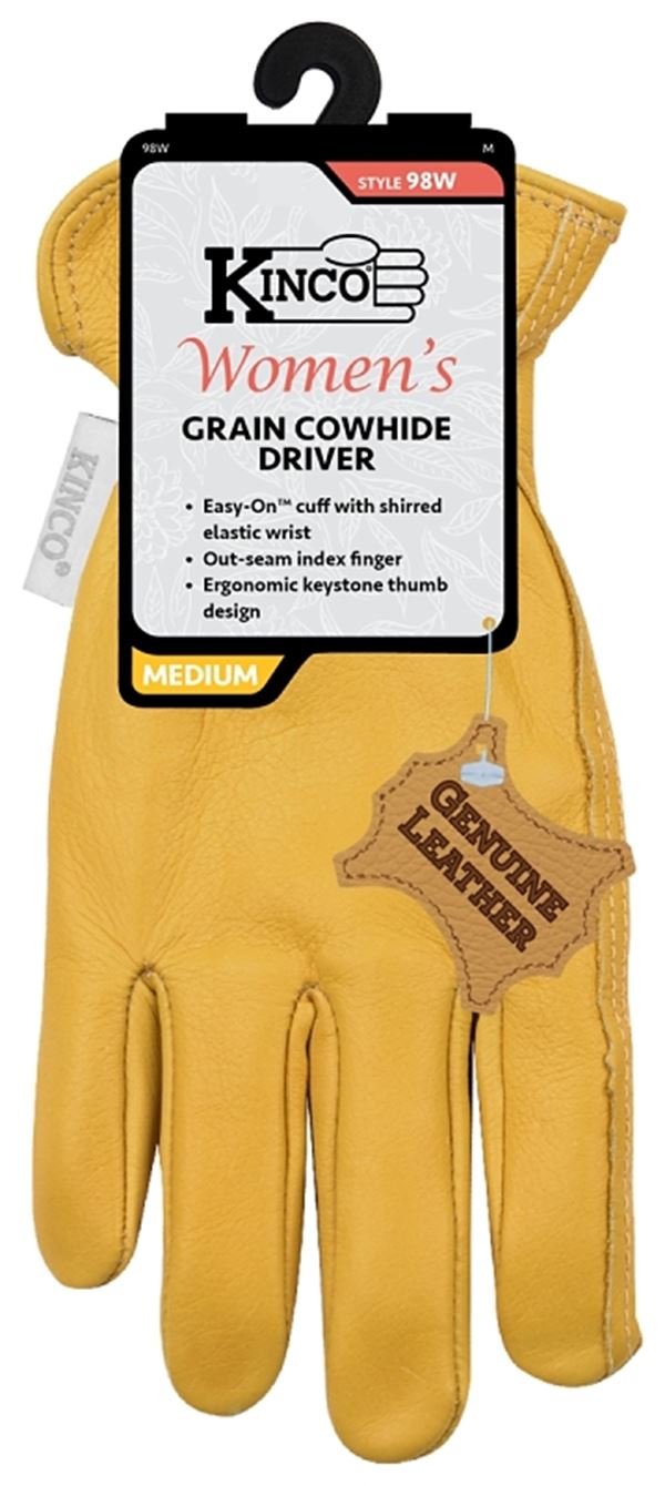 Kinco 98W-M Driver Gloves, Women's, M, Keystone Thumb, Easy-On Cuff, Cowhide Leather, Gold