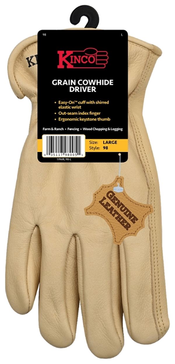 Kinco 98-M Driver's Gloves, Men's, M, Keystone Thumb, Shirred Elastic Cuff, Cowhide Leather, Tan