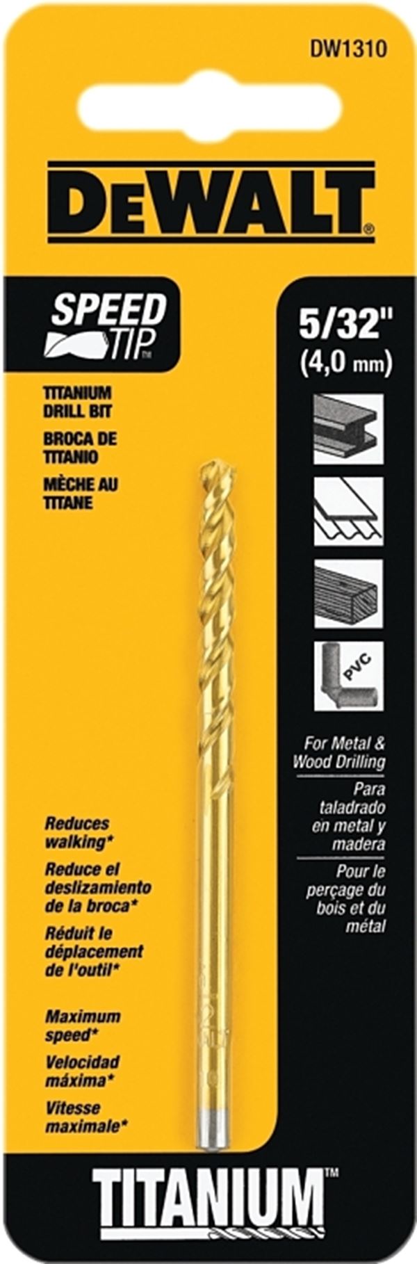 DeWALT DW1310 Jobber Drill Bit, 5/32 in Dia, 3-1/8 in OAL, Parabolic Flute, 5/32 in Dia Shank, Straight Shank