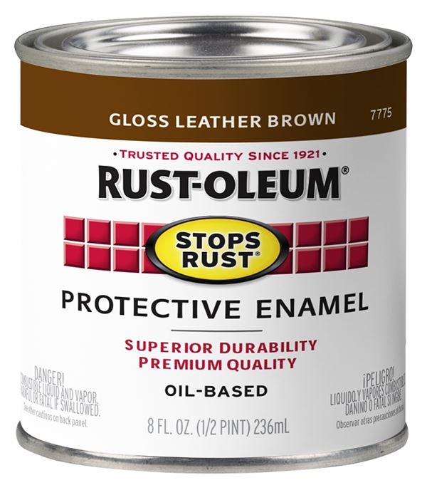 Rust-Oleum Stops Rust 7775730 Enamel Paint, Oil, Gloss, Leather Brown, 0.5 pt, Can, 50 to 90 sq-ft/qt Coverage Area