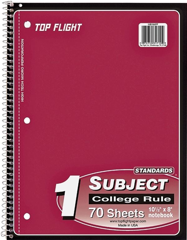 Top Flight WB705PFW Series 4510821 College Rule Notebook, Micro-Perforated Sheet, 70-Sheet, Wirebound Binding, Pack of 24