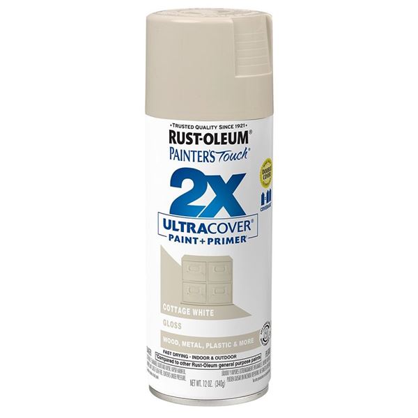 Rust-Oleum Painter's Touch 2X Ultra Cover 334040 Spray Paint, Gloss, Cottage White, 12 oz, Aerosol Can