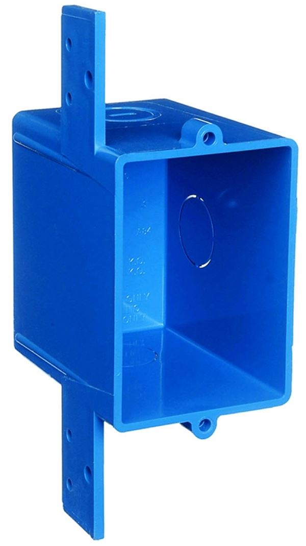 Carlon A58381D-CAR Outlet Box, 1-Gang, 3-Knockout, 1/2 in Knockout, PVC, Blue, Bracket Mounting