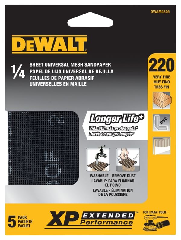 DeWALT DWAM4326 Mesh Sandpaper, 4-1/2 in W, 5-1/2 in L, 220 Grit, Very Fine, Silicon Carbide Abrasive