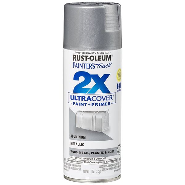 Rust-Oleum Painter's Touch 2X Ultra Cover 334058 Spray Paint, Satin, Aluminum, 12 oz, Aerosol Can