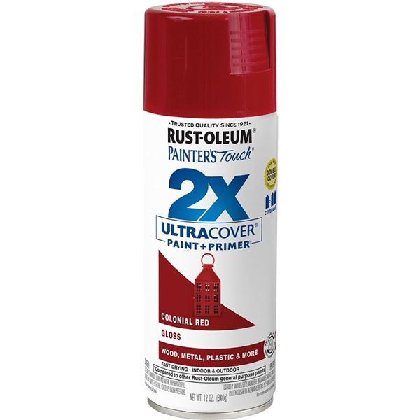 Rust-Oleum Painter's Touch 2X Ultra Cover 334030 Spray Paint, Gloss, Colonial Red, 12 oz, Aerosol Can