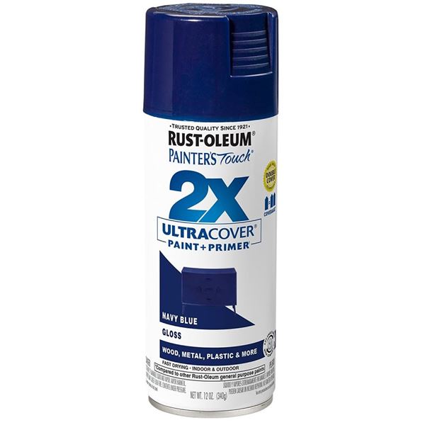 Rust-Oleum Painter's Touch 2X Ultra Cover 334041 Spray Paint, Gloss, Navy Blue, 12 oz, Aerosol Can