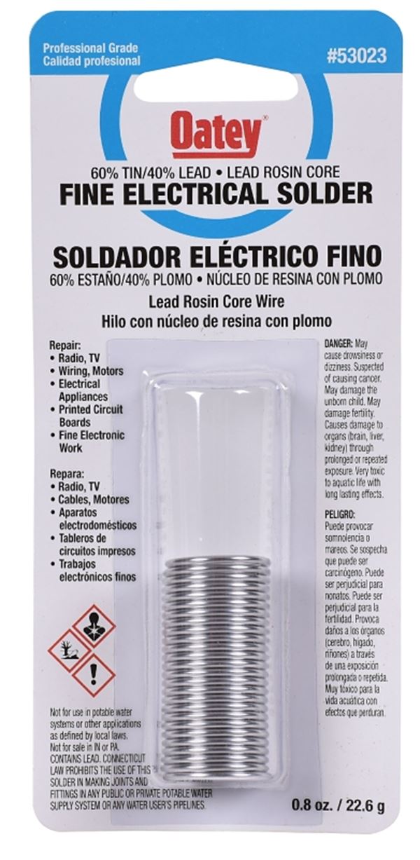 Oatey 53023 Rosin Core Solder, 0.8 oz Carded, Solid, Silver, 361 to 375 deg F Melting Point