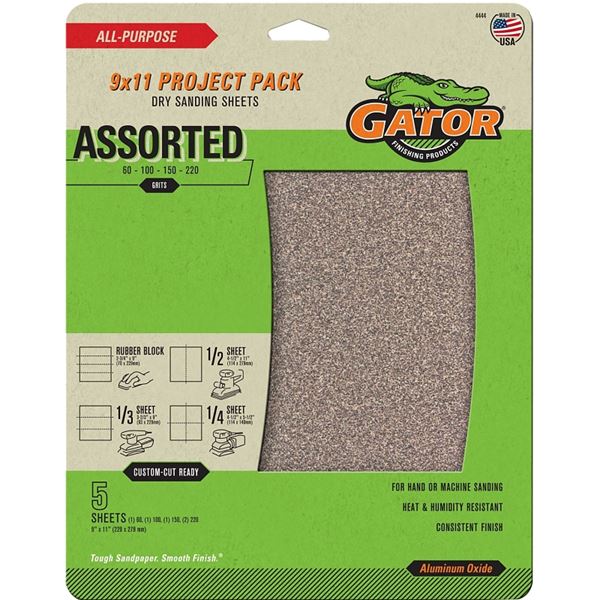 Gator 4444 Sanding Sheet, 9 in L, 11 in W, 60, 100, 150, 220 Grit, Coarse/Extra Fine/Fine/Medium