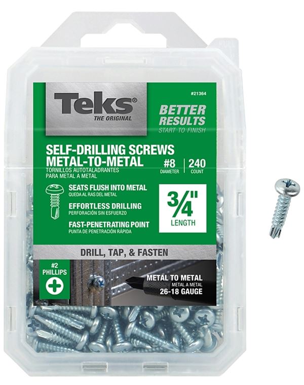 Teks 21364 Screw, #8 Thread, 3/4 in L, Coarse Thread, Pan Head, Phillips Drive, Self-Drilling, Self-Tapping Point, Steel