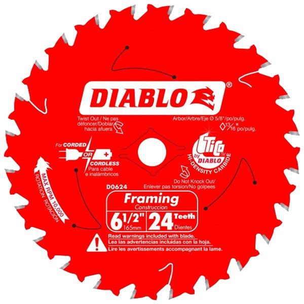 Diablo D0624A Framing Trim Saw Blade, 6-1/2 in Dia, 5/8 in Arbor, 24-Teeth, Carbide Cutting Edge, Pack of 10