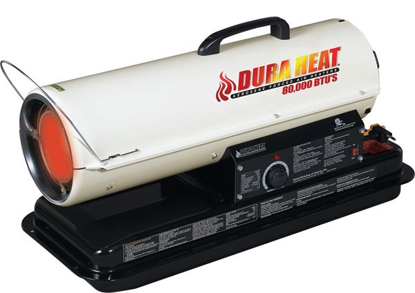 Dura Heat DFA80T/75T Kero Forced Air Heater with Thermostat, 5 gal Fuel Tank, Kerosene, 80000 Btu, White