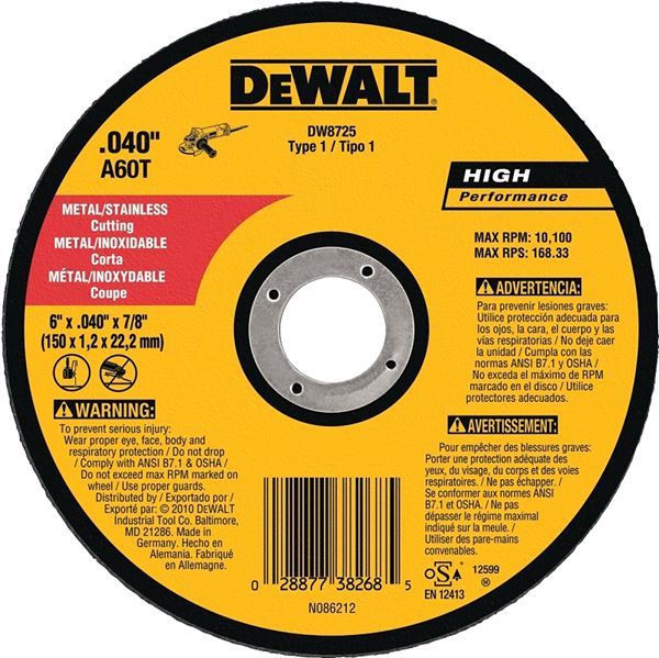 DeWALT DW8725 Cutting Wheel, 6 in Dia, 0.04 in Thick, 7/8 in Arbor, Very Fine, Aluminum Oxide Abrasive