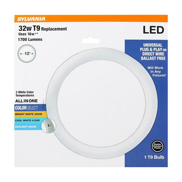 Sylvania 41208 LED Bulb, Circline, Type AB Universal, T9 Lamp, 32 W Equivalent, G10Q Fluorescent 4-Pin Lamp Base, Clear