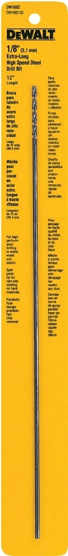 DeWALT DW1602 Drill Bit, 1/8 in Dia, 12 in OAL, Extended Length, Spiral Flute, 1/8 in Dia Shank, Round Shank