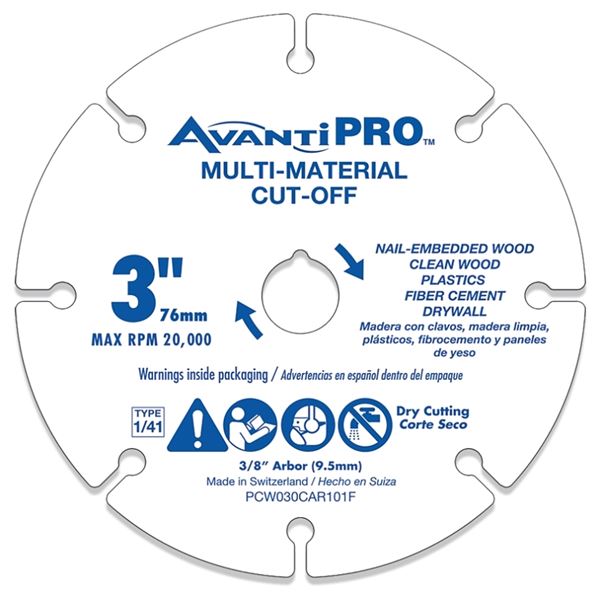 Avanti Pro PCW030CAR101F Cut-Off Wheel, 3 in Dia, 1 mm Thick, 3/8 in Arbor, Carbide Abrasive